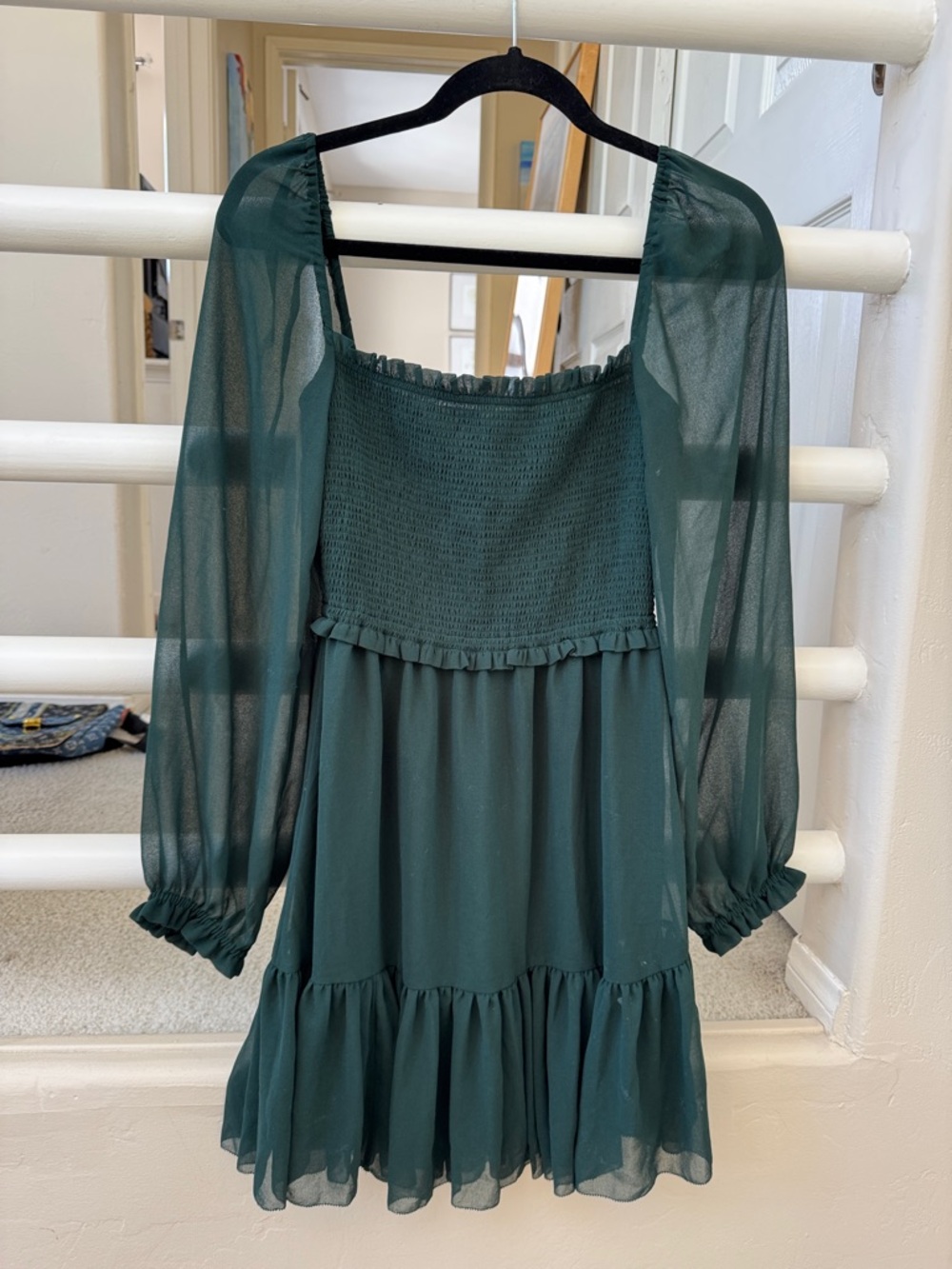 Aritzia Wilfred Dark Teal Smocked Square-Neck Mini Dress